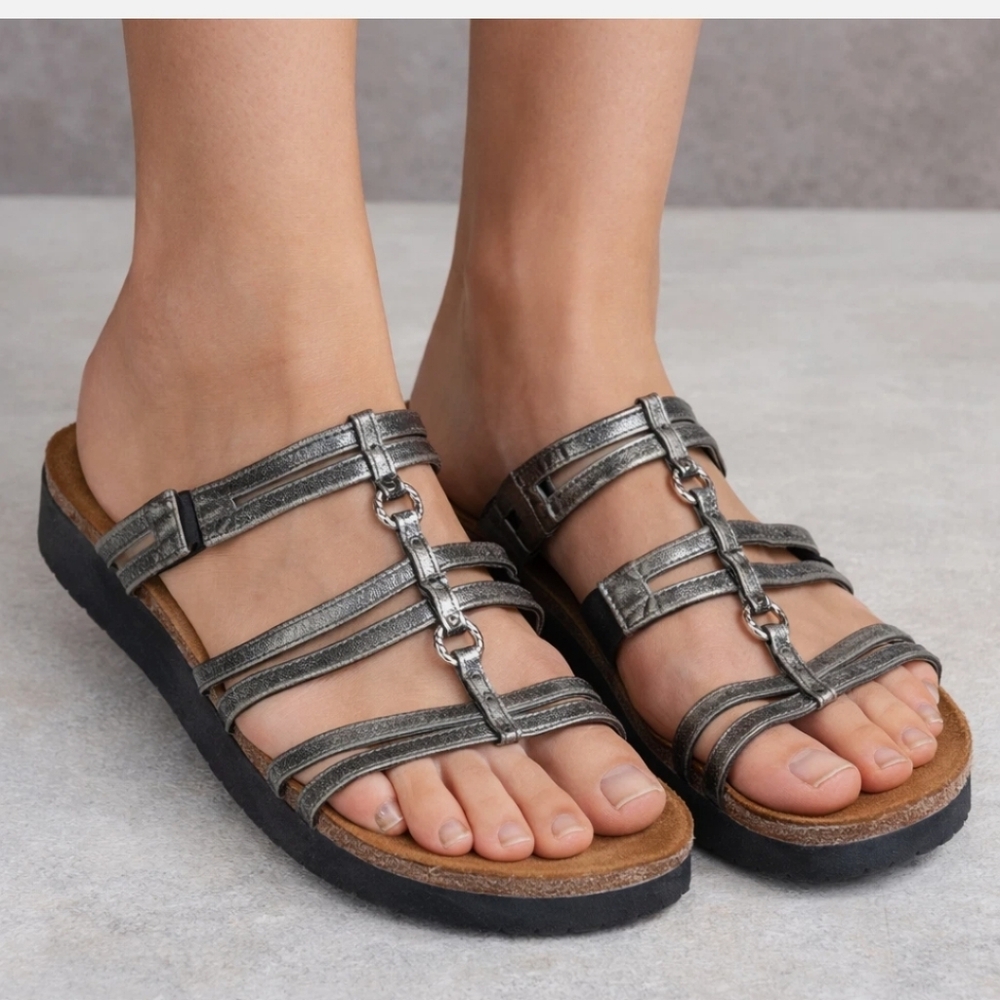 Naot Betty Slide On Sandals EU 42 /US 11 Metallic Silver Leather Comfy Vacation